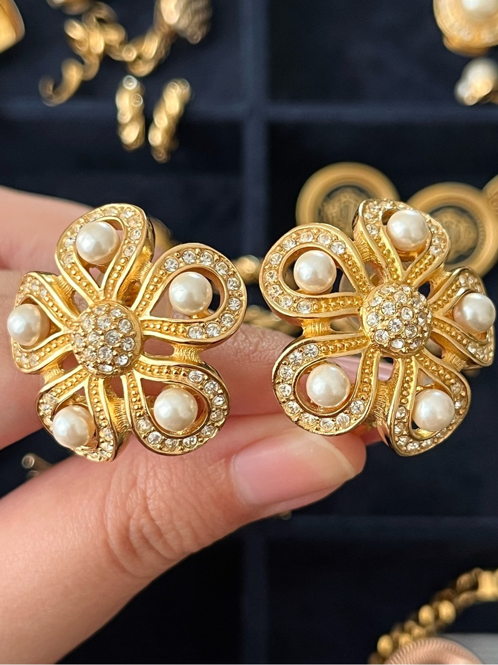 Authentic Vintage Dior Sakura Flower Nature Pearl Rhinestone Gold Clip Earrings